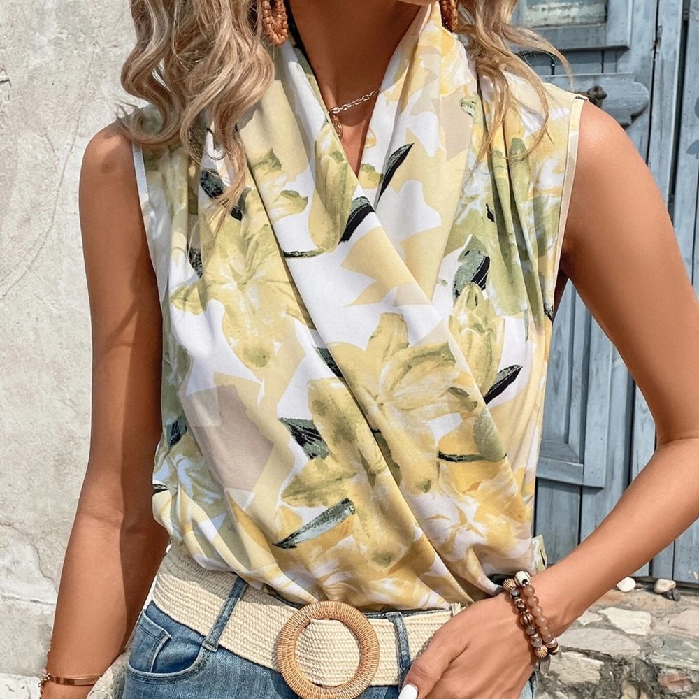 Multicolor Boho Womens Floral Print Surplice Neck Sleeveless Blouse - Picture 4 of 5